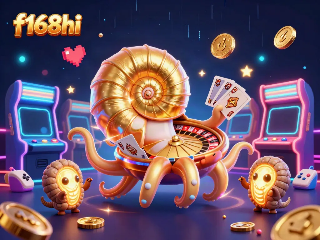 Experience the thrill of f168hi with a vibrant 3D casino scene featuring a giant nautilus and glowing game elements.