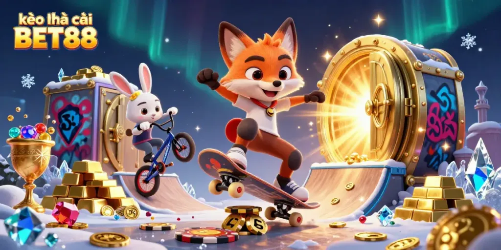Experience exciting gambling action with kèo nhà cái BET88, featuring a dynamic 3D scene of playful fox and rabbit amidst treasure.