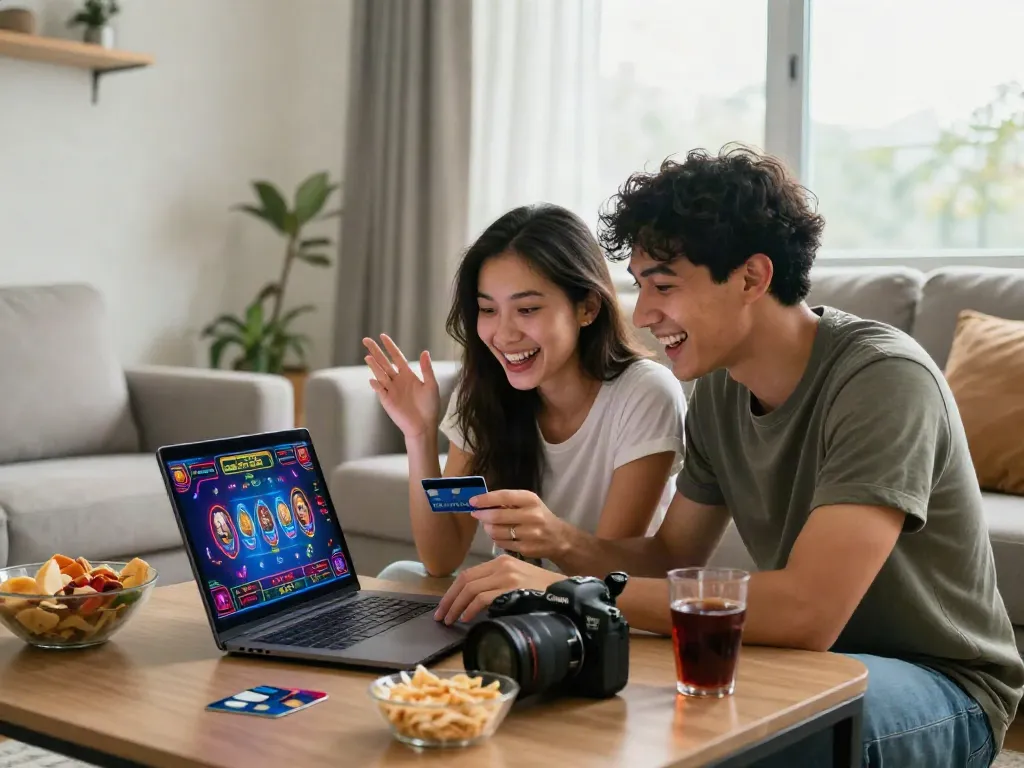 Young couple enjoying online casinos that accept credit cards in a cozy living room.