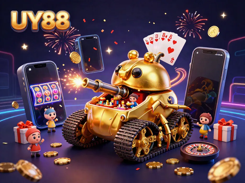 Experience the excitement of UY88 in an ultra-detailed digital casino world with golden treasures and game elements.