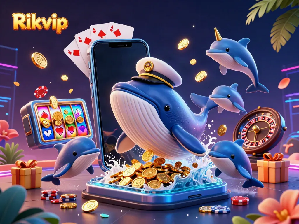 Engage with Rikvip's excitement as a cartoon whale and playful dolphins showcase vibrant casino elements