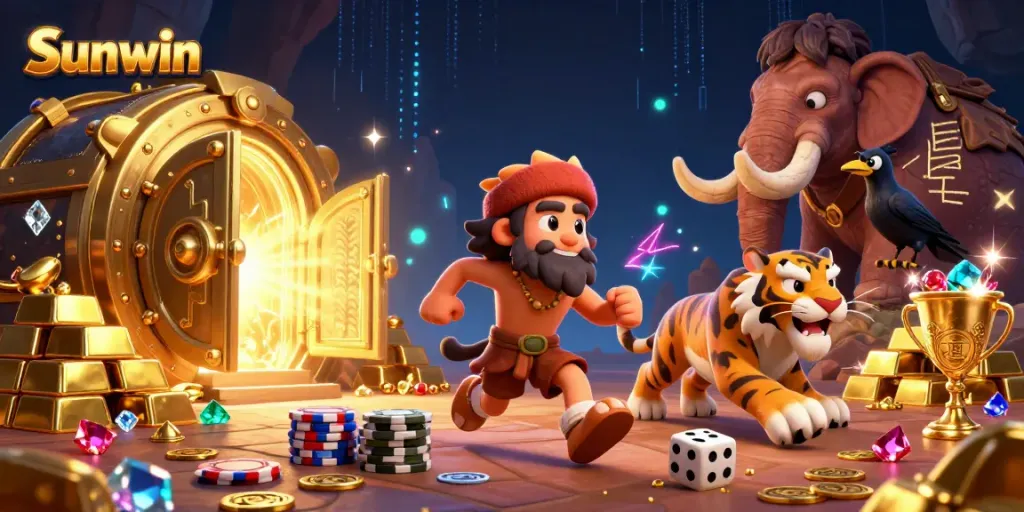 Sunwin players winning big in a vibrant 3D casino scene filled with treasures and excitement.
