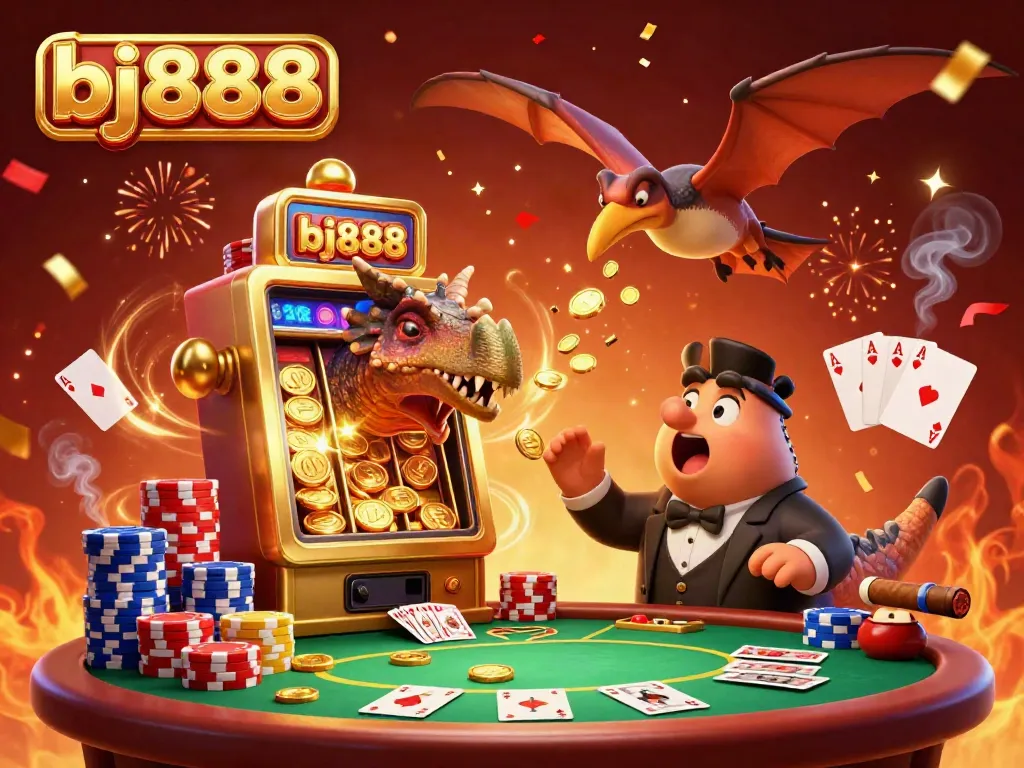 Experience excitement at bj888 with a dinosaur triggering a jackpot and vibrant casino elements.