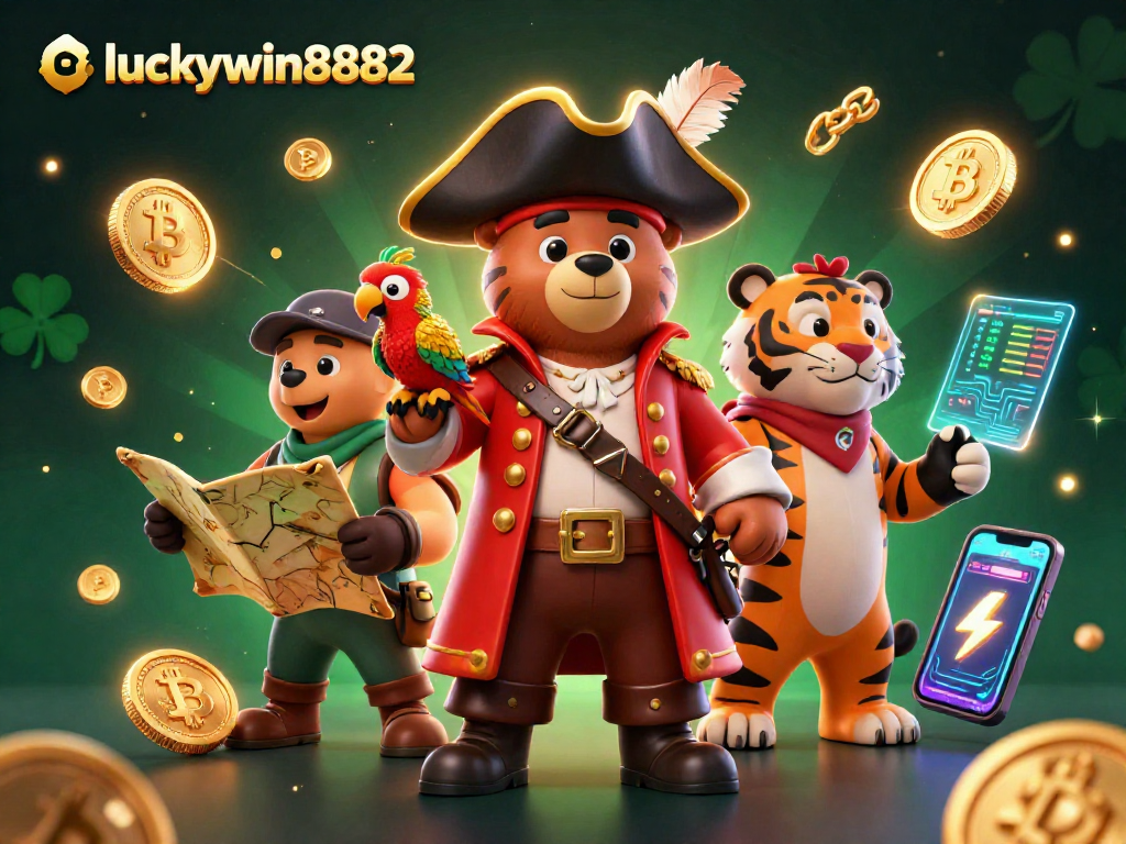 Engage with the thrilling world of luckywin8882 through our vibrant 3D casino scene featuring an adventurous bear, fierce tiger, and golden parrot amidst crypto symbols.