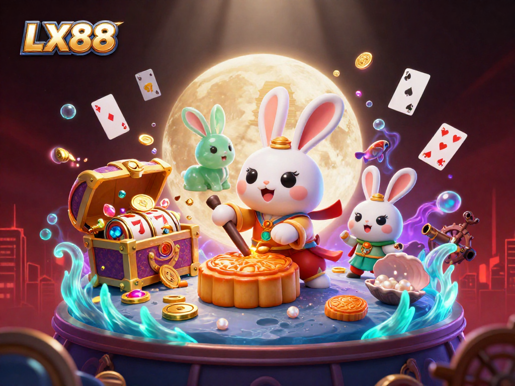 Experience thrilling wins at LX88 with a vibrant scene of playful characters and exciting casino elements.