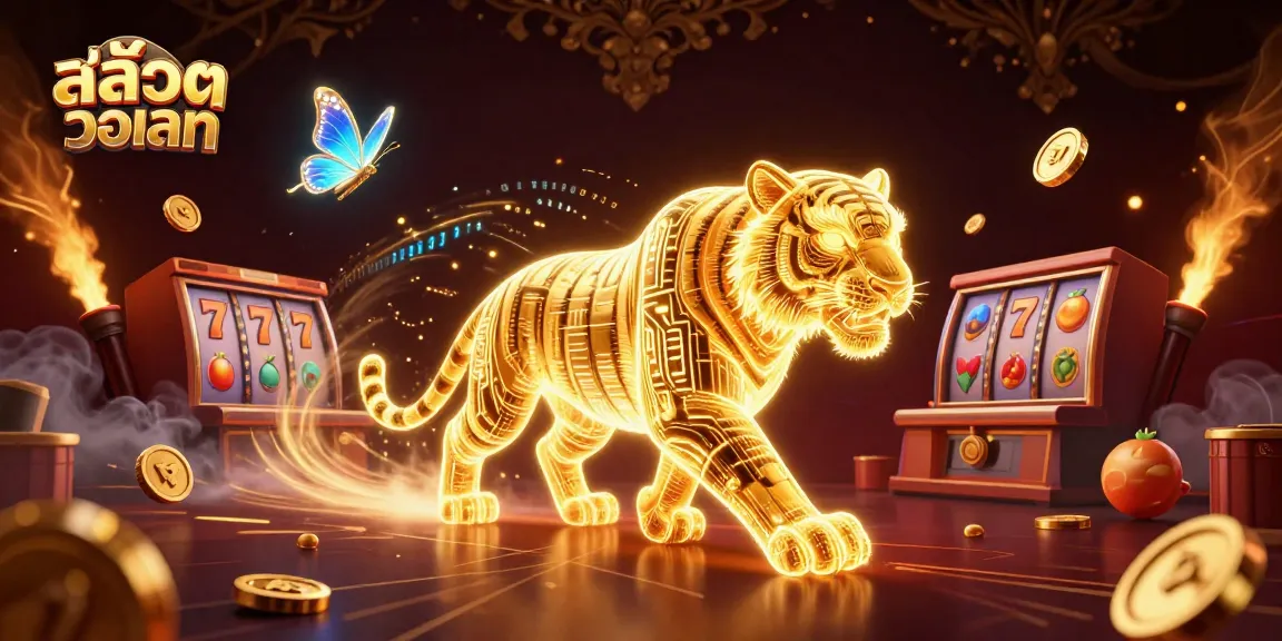 Experience thrilling สล็อตวอเลท action with dynamic slot reels and golden tiger in a vibrant casino.