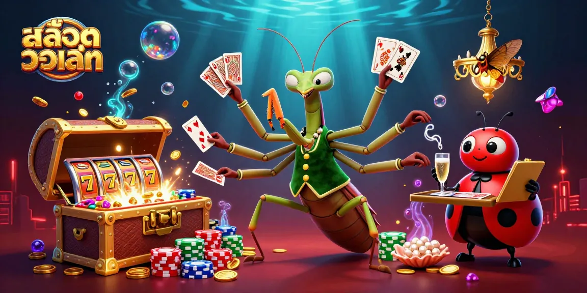 Engage with สล็อตวอเลท and win big through a vibrant 3D casino scene featuring lively characters and game elements.