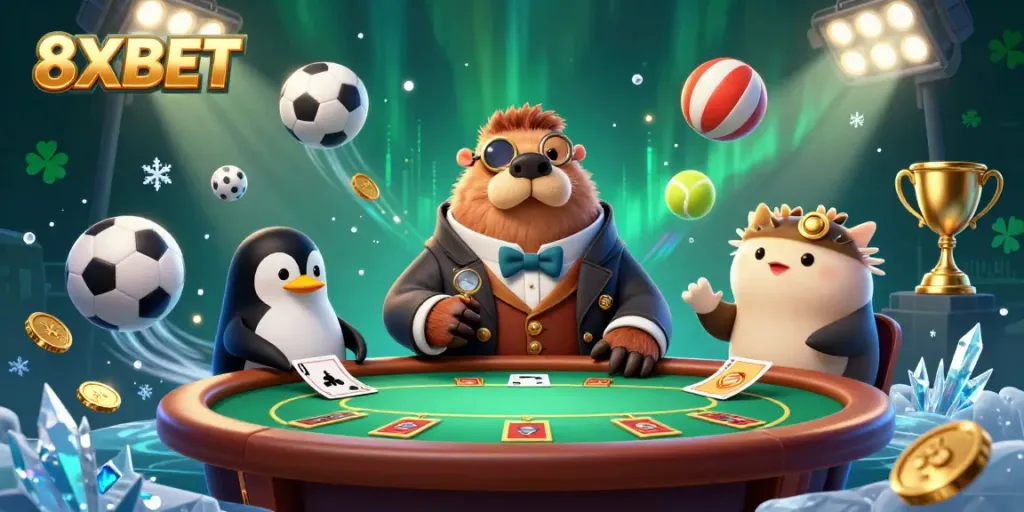 Experience gaming action with 8XBET at an underwater poker table featuring cartoon characters.
