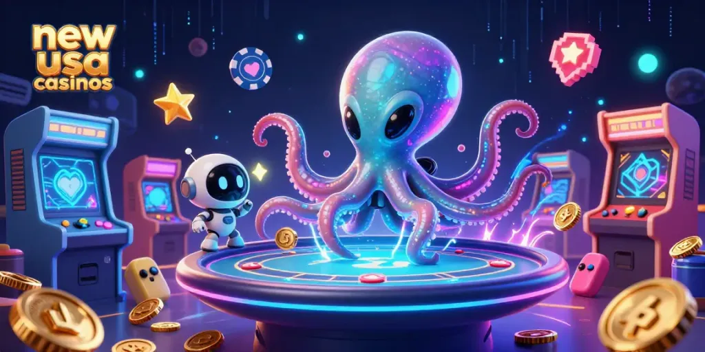 Experience vibrant gaming at new usa casinos with a space octopus at a holographic poker table.